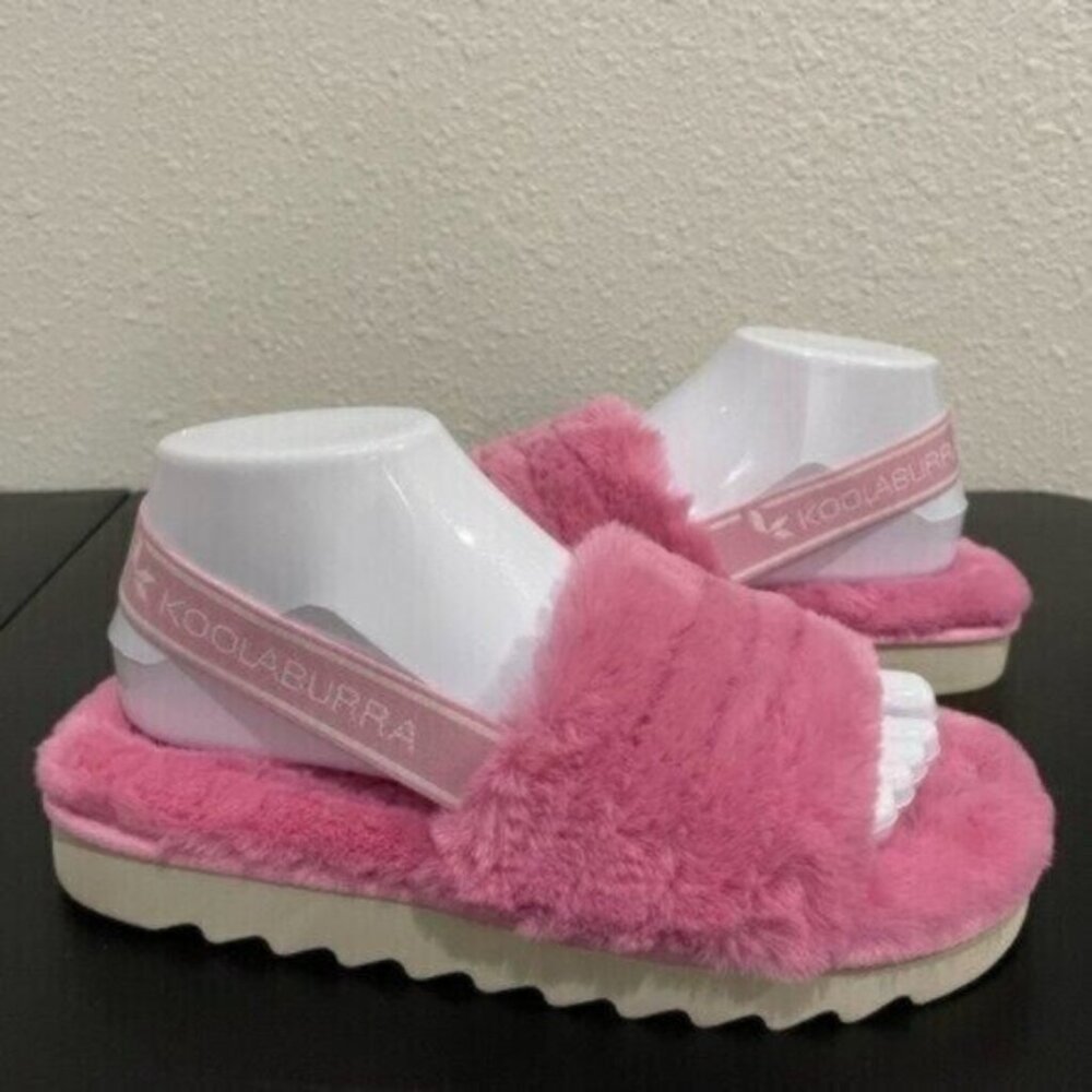 New Koolaburra UGG Faux Fur Fuzz’n Slide Sandals Pink Strap Athleisure Cozy